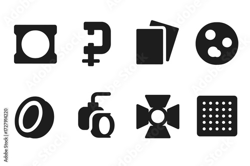 Spotlight Accessories Icons. Solid, filled icon set of spotlight accessories: filters, mounts, clamps, gels, gobos, lenses, barn doors, diffusers. Solid,