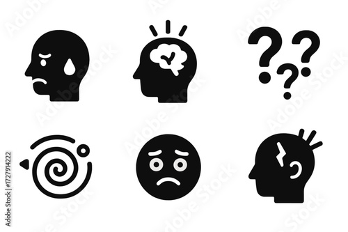 Mental Stress Icons. Solid, filled icon set of mental stress: worried mind, overload brain, question marks, broken thought bubble, dizzy swirl, confused face,