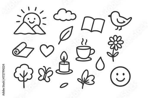 Peaceful Morning Doodle. Hand-drawn doodle illustration peaceful day sunrise, mountain, bird, cloud, leaf, book, tea cup, yoga mat, candle, flower, heart,