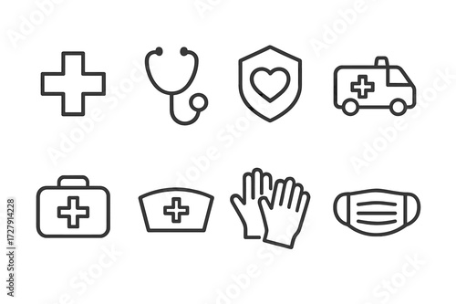 Guardian Health Icons. Outline icon set of guardian health: medical cross, stethoscope, heart shield, ambulance, first aid kit, nurse cap, protective gloves,
