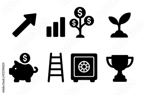 Wealth Growth Icons. Solid, filled icon set of wealth growth: upward arrow, bar chart, tree with coins, growing plant, piggy bank with coin, ladder, safe with