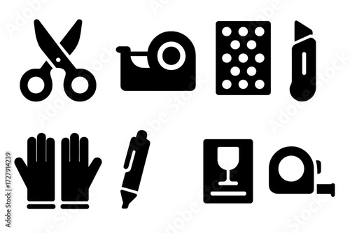 Fragile Packaging Tools Icons. Solid, filled icon set of fragile packaging tools: scissors, tape dispenser, bubble wrap, box cutter, gloves, marker, label,