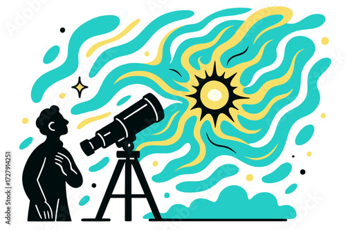 Galactic Telescope Wonder. Galactic Discovery. Telescope pointing at a glowing supernova, swirling abstract waves of light around. Scientist silhouette gazes