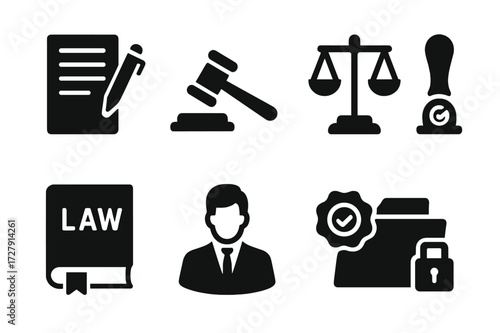 Tax Law Icon Set. Solid, filled icon set of tax haven legal elements: contract, gavel, legal scales, notarized stamp, law book, lawyer, seal, confidential