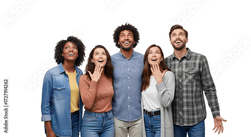 Group of diverse friends looking up in surprise.