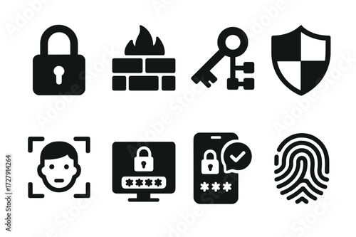 Blockchain Security Icons. Solid, filled icon set of blockchain security: padlock, firewall, encryption key, shield, biometric scan, secure login, two-factor