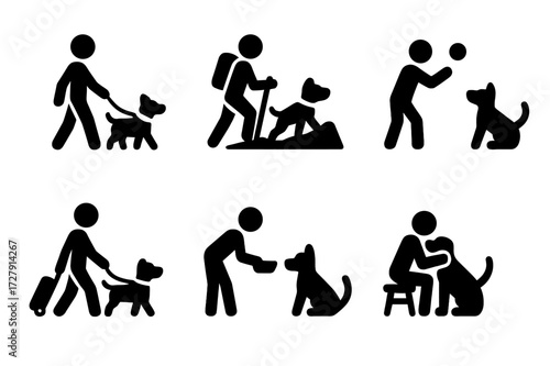Companion Activities Icons. Solid, filled icon set of companion activities: walking, hiking, playing, training, traveling, feeding, grooming, cuddling. [Solid,