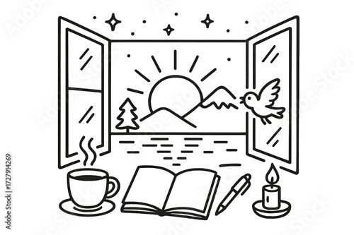 Sunrise Doodle Illustration. Sunrise Inspiration. Hand-drawn doodle illustration rising sun, mountain, tree, tea cup, notebook, pen, bird, candle, steam,