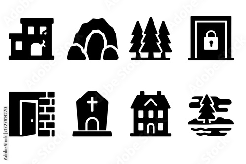 Mysterious Places Icons. Solid, filled icon set of mysterious places: abandoned building, secret cave, dark forest, locked room, hidden passage, crypt, old