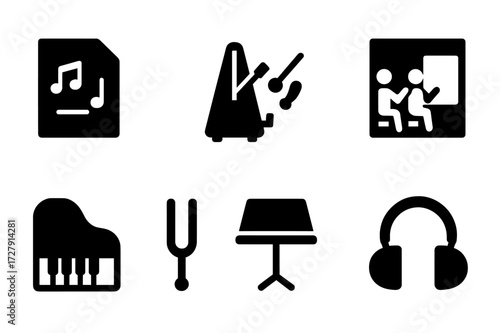 Music Rehearsal Icons. Solid, filled icon set of duet rehearsal: sheet music, metronome, conductor, practice room, piano, tuning fork, music stand, headphones.