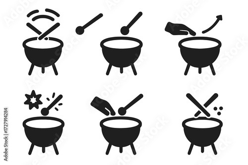 Timpani Techniques Icons. Solid, filled icon set of timpani playing techniques: roll, single stroke, dampening, pedal glissando, accent, muted hit, rim shot,