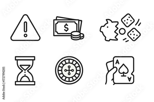 Gambling Risk Icons. Outline icon set of gambling risks: warning sign, dollar bills, broken piggy bank, dice falling, hourglass, roulette ball, losing hand,