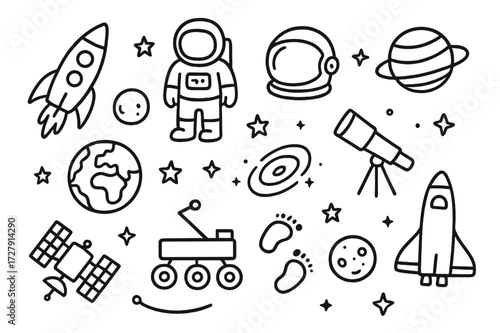 Space Exploration Doodles. Hand-drawn doodle illustration Space travel rocket, astronaut, helmet, planet, telescope, satellite, earth, moon, stars, galaxy,