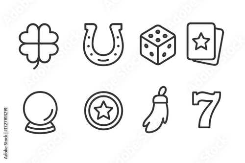 Luck Symbol Icons. Outline icon set of luck and fate: four-leaf clover, horseshoe, dice, tarot cards, crystal ball, lucky coin, rabbit?s foot, number . Line