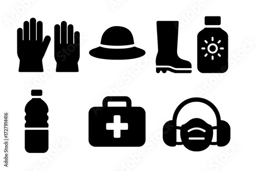 Farmer Safety Icons. Solid, filled icon set of farmer safety and health: gloves, hat, boots, sunscreen, water bottle, first aid kit, mask, ear protection.