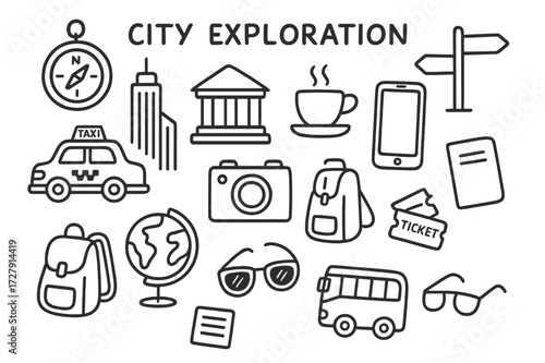 City Exploration Doodle. Hand-drawn doodle illustration City exploration map, compass, skyscraper, taxi, bus, museum, cafe cup, street sign, camera,