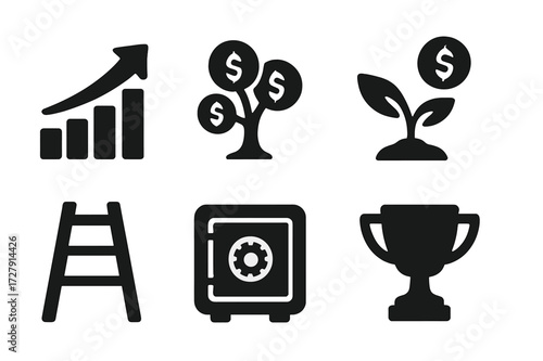 Icons of Wealth Growth. Solid, filled icon set of wealth growth: upward arrow, bar chart, tree with coins, growing plant, piggy bank with coin, ladder, safe