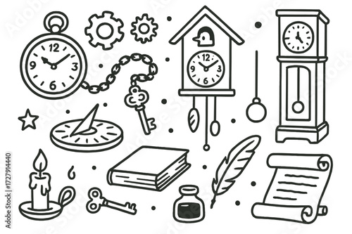 Timekeeping Doodle Icons. Hand-drawn doodle illustration Old-fashioned clocks pocket watch, cuckoo clock, grandfather clock, sundial, gears, pendulum, key,