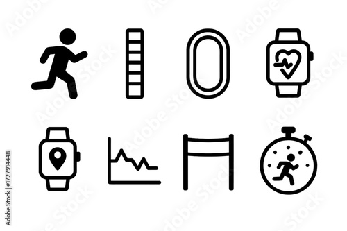 Running Icon Set. Solid, filled icon set of running pace and training: runner silhouette, pace band, running track, heart rate monitor, GPS watch, pace chart,