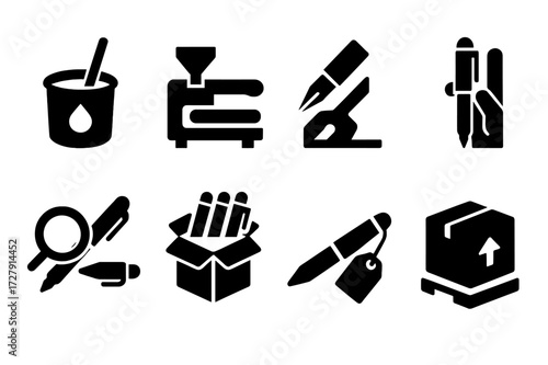 Pen Production Icons. Solid, filled icon set of pen manufacturing: ink mixing, barrel molding, nib cutting, assembly, quality check, packaging, labeling,