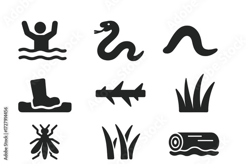 Swamp Hazard Icons. Solid, filled icon set of dangerous swamp hazards: quicksand, snake bite, leech, deep mud, thorns, sharp reeds, venomous insect, unstable