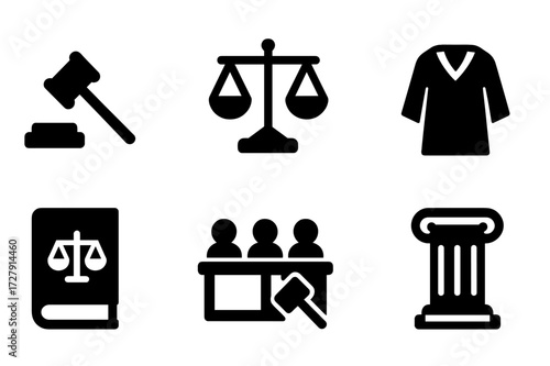 Court Symbols Icon Set. Solid, filled icon set of court symbols: gavel, scales, courthouse, judge?s robe, law book, jury box, legal hammer, justice column.