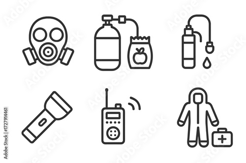 Bunker Survival Gear Icons. Outline icon set of bunker survival gear: gas mask, oxygen tank, emergency food, water filter, flashlight, radio transmitter,