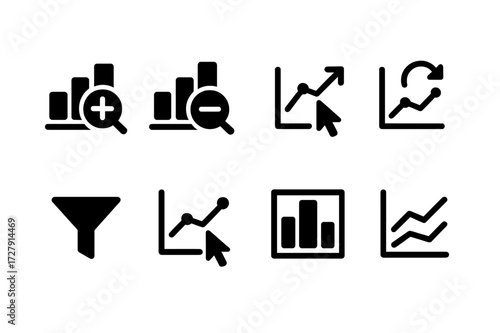 Graph Interaction Icons. Solid, filled icon set of graph interactions: zoom in, zoom out, drag cursor, reset view, filter data, select point, highlight bar,