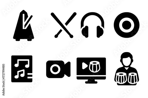 Tabla Practice Icons. Solid, filled icon set of tabla practice and rehearsal: metronome, drumsticks, headphones, practice pad, music sheet, recording session,