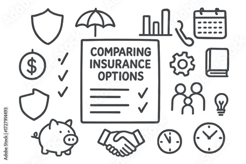 Insurance Options Doodle. Hand-drawn doodle illustration Comparing insurance options document, checklist, shield, umbrella, dollar sign, piggy bank, bar chart,