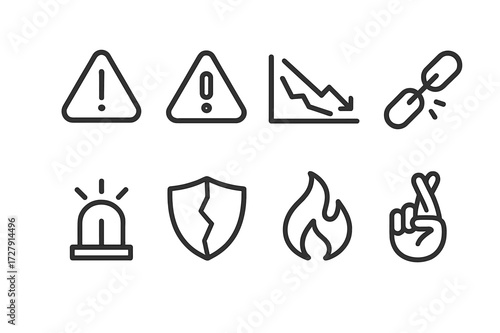 High Risks Icon Set. Outline icon set of high stakes risks: warning sign, hazard triangle, falling graph, broken chain, red alert, cracked shield, fire flame,