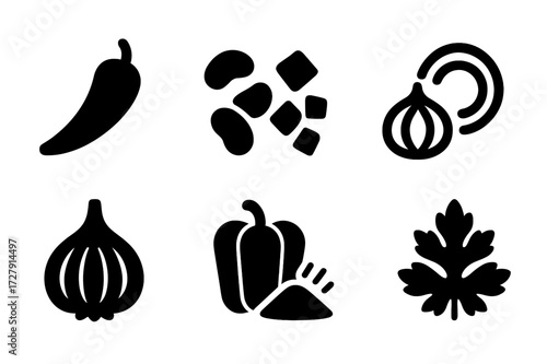 Chili Ingredients Icons. Solid, filled icon set of chili ingredients: chili pepper, beans, diced tomatoes, onion slices, garlic bulb, bell pepper, cumin spice,
