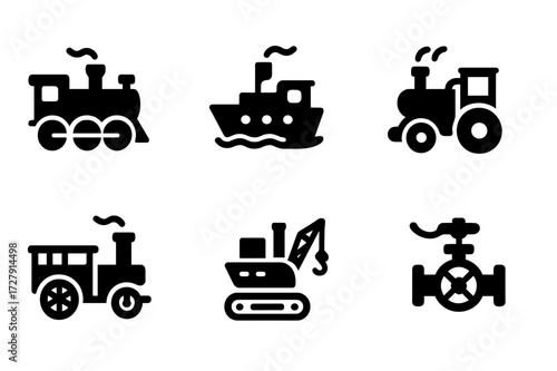 Steam Vehicles Icons. Solid, filled icon set of steam vehicles and transport: steam locomotive, steam ship, steam tractor, steamroller, steam wagon, paddle