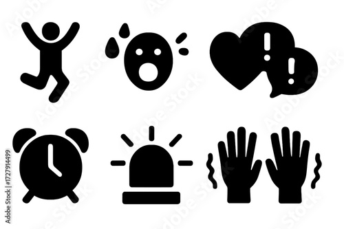 Panic Reaction Icons. Solid, filled icon set of panic reaction: jumping person, open mouth scream, sweat drops, heart beat, exclamation bubbles, alarm clock,
