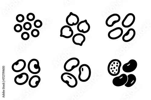 Legume Seeds Grid. Solid, filled icon set of legume seeds: dry lentil seeds, split peas, whole chickpeas, mung bean seeds, black-eyed peas, fava beans, pinto