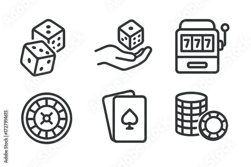 Gambling Icons Set. Outline icon set of roll betting: rolling dice, dice hand, poker chips, slot machine, roulette wheel, card deck, playing cards, chips