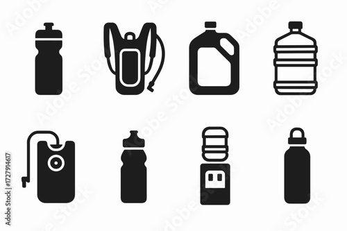 Hydration Equipment Icons. Solid, filled icon set of hydration equipment: water bottle, hydration pack, water jug, water dispenser, hydration bladder, sports