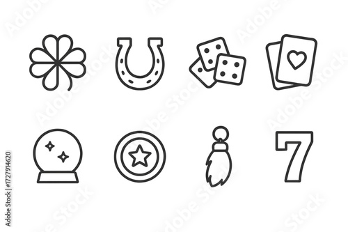 Luck Symbol Icons. Outline icon set of luck and fate: four-leaf clover, horseshoe, dice, tarot cards, crystal ball, lucky coin, rabbit?s foot, number . Line