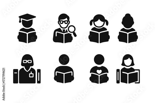 Library User Icons. Solid, filled icon set of library user types: student, researcher, child reader, senior reader, librarian, visitor, volunteer, book club
