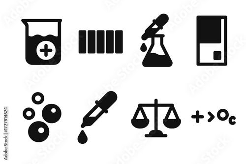 Acid Neutralization Icons. Solid, filled icon set of acid neutralization: base solution, pH scale, titration flask, indicator paper, reaction bubbles, dropper,