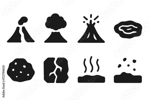 Volcanic Icons Set. Solid, filled icon set of volcano and eruption: lava stream, ash cloud, erupting peak, magma pool, soot-covered rock, tremor crack, heat