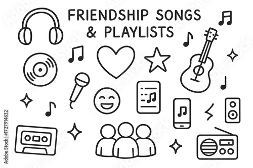 Friendship Music Icons. Hand-drawn doodle illustration Friendship songs and playlists [music notes, headphones, record, heart, star, guitar, microphone,