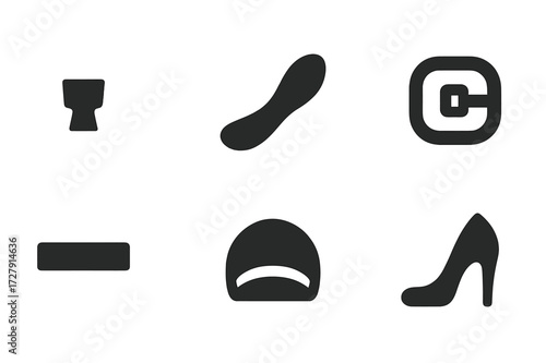 Shoe Details Icons. Solid, filled icon set of heel shoe details: heel tip, sole, insole, buckle, strap, toe box, heel counter, arch support. Solid, filled