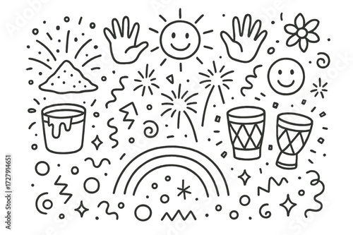 Festival Doodle Icons. Hand-drawn doodle illustration Festival of colors powder splash, handprints, paint bucket, sun, smiley face, flower, abstract shapes,
