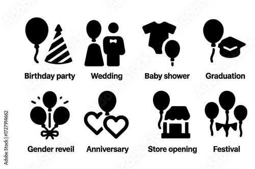 Balloon Event Icons. Solid, filled icon set of balloon-themed events: birthday party, wedding, baby shower, graduation, gender reveal, anniversary, store