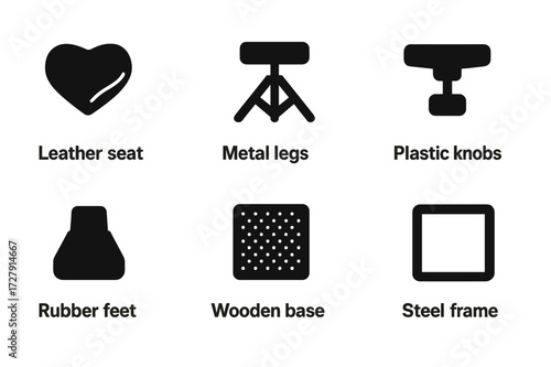 Drum Throne Icon Set. Solid, filled icon set of drum throne materials: leather seat, foam cushion, metal legs, plastic knobs, rubber feet, fabric cover, wooden