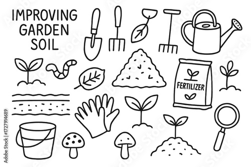 Garden Tools Icons. Hand-drawn doodle illustration [improving garden soil] [trowel, shovel, rake, watering can, plant seedlings, leaf, worm, compost pile,