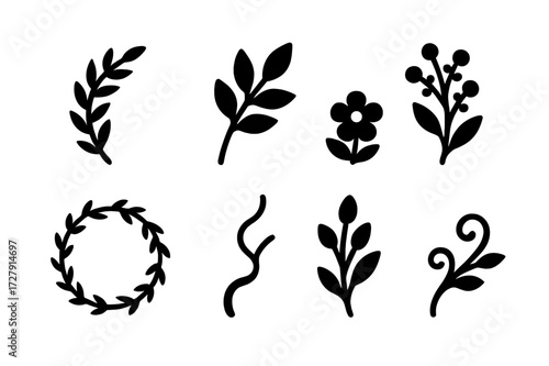 Decorative Branch Icons. Solid, filled icon set of decorative branches: curved branch, leafy twig, floral branch, branch with berries, branch wreath, twisted