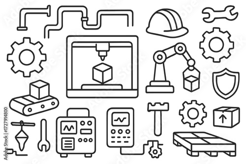 Industrial Doodle Icons. Hand-drawn doodle illustration industrial 3D printing factory, gear, conveyor belt, cube, robot arm, helmet, wrench,