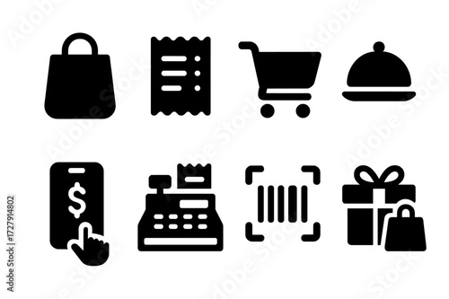 Spending Icon Set. Solid, filled icon set of spending: shopping bag, bill receipt, grocery cart, restaurant check, online payment, cash register, barcode scan,